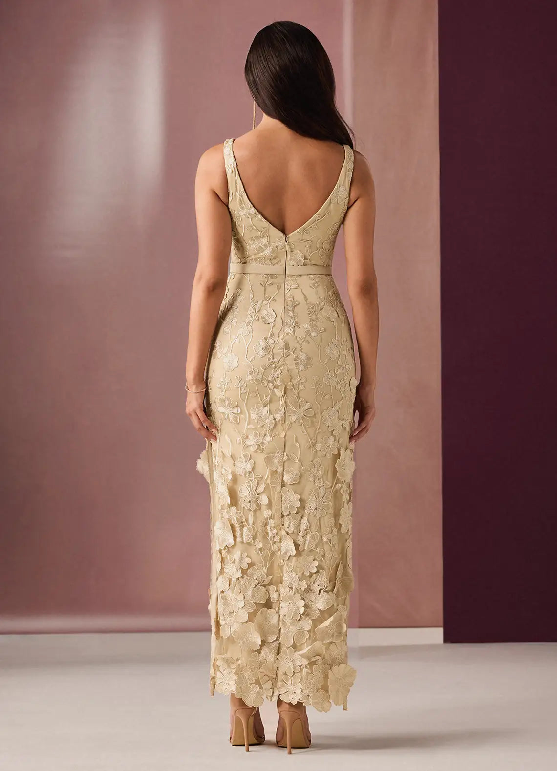 Weitese Dress Deep V Neck Champagne Romantic 3D Flower Maxi Dress Sleeveless Mermaid Slit Prom Dress